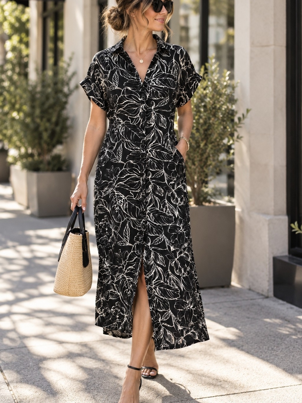 Jewel Badgley Mischka black cream floral shirt dress in women’s size M